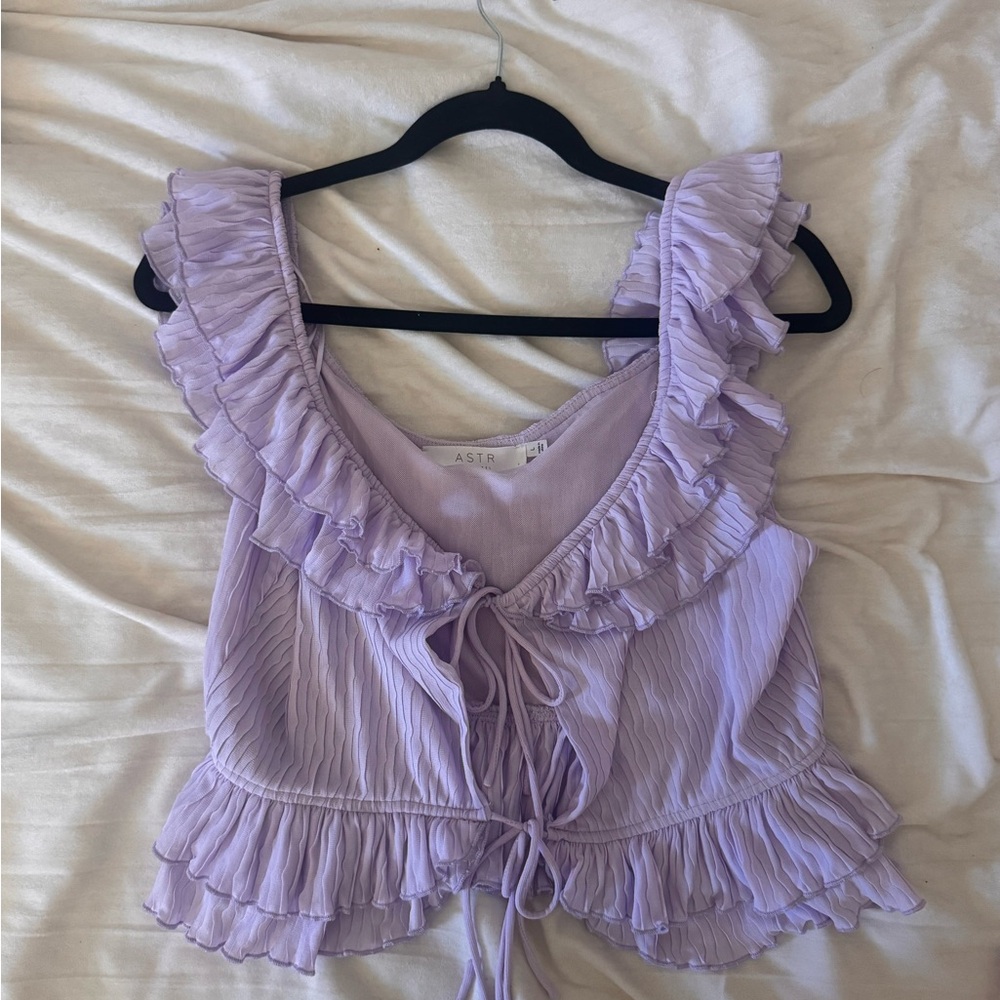Astr Purple Ruffled Tie Front Cropped Blouse